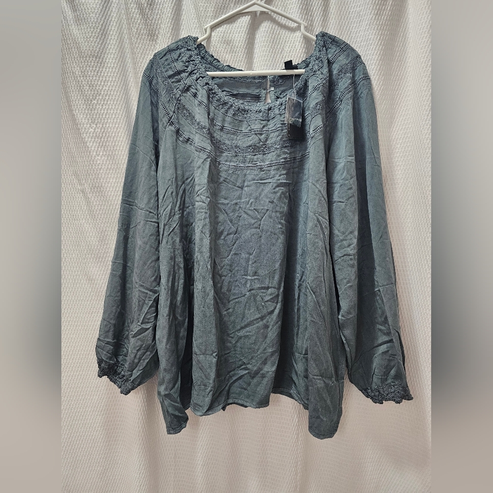 NWT Torrid Slate Blue Blouse with Lace Detail